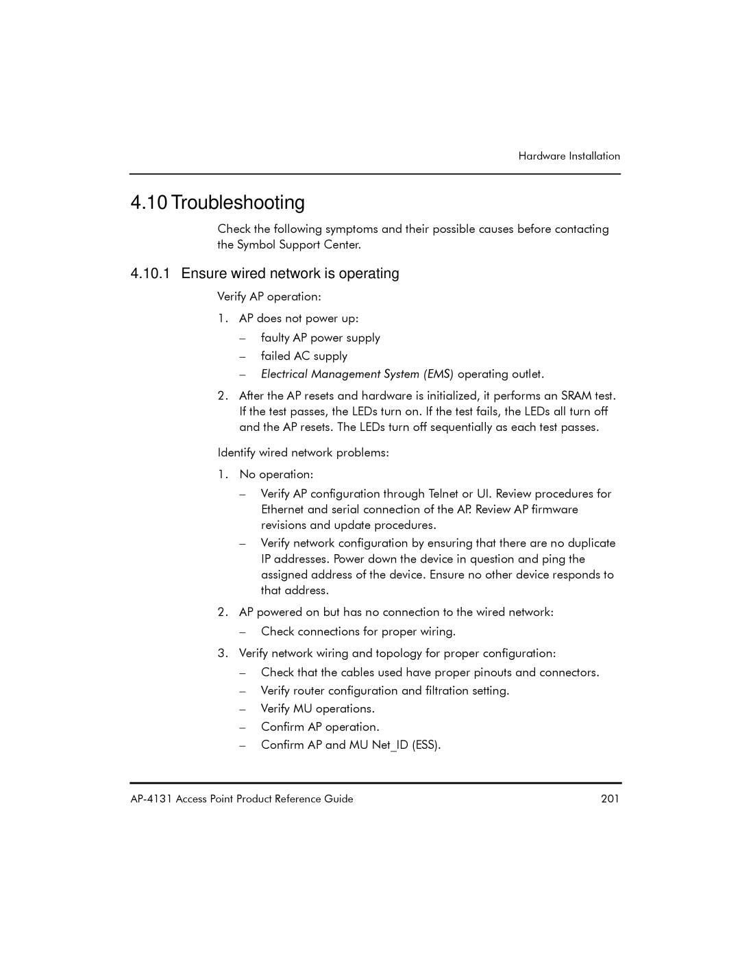 Symbol Technologies AP-4131 manual Troubleshooting, Ensure wired network is operating 