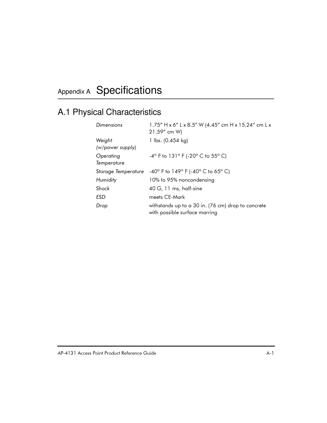 Symbol Technologies AP-4131 manual Physical Characteristics, Meets CE-Mark 