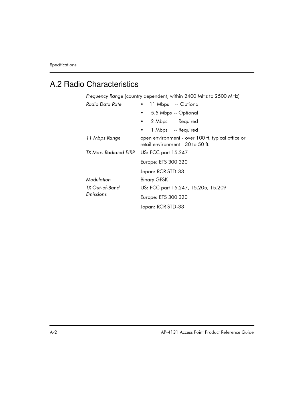 Symbol Technologies AP-4131 manual Radio Characteristics 