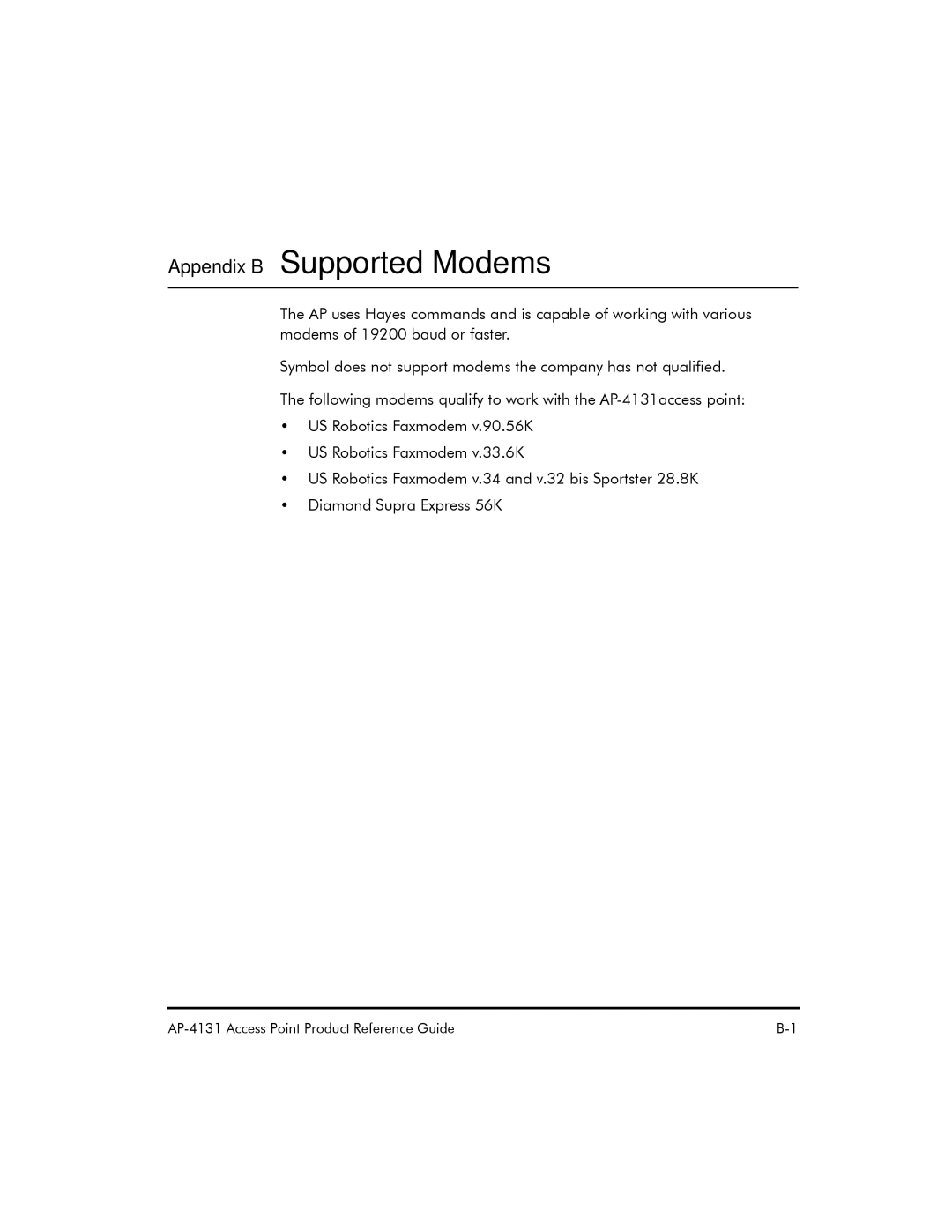 Symbol Technologies AP-4131 manual Appendix B Supported Modems 