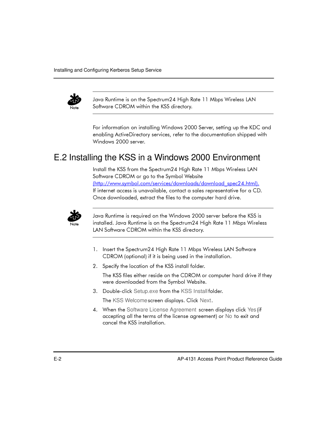 Symbol Technologies AP-4131 manual Installing the KSS in a Windows 2000 Environment 