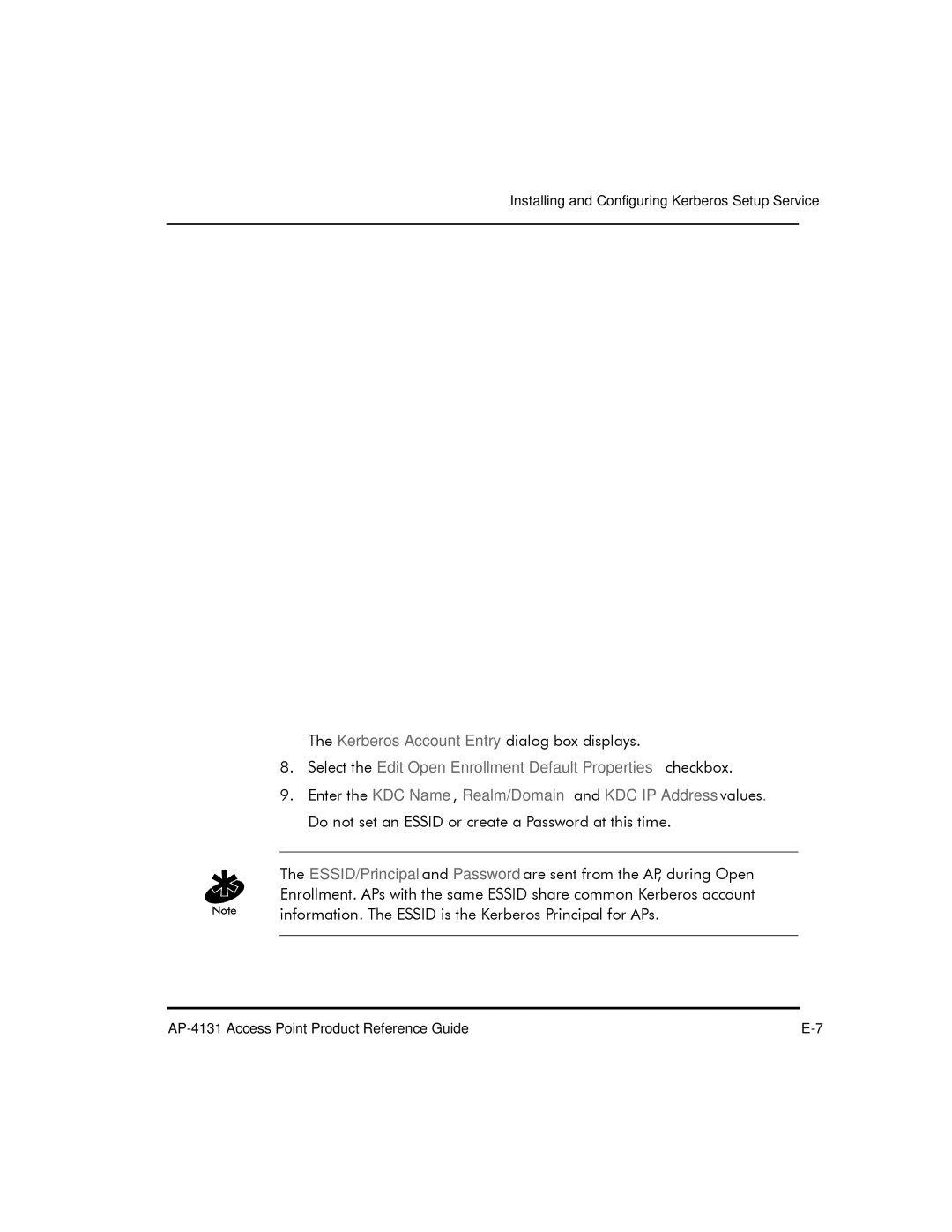 Symbol Technologies AP-4131 manual Kerberos Account Entry dialog box displays 