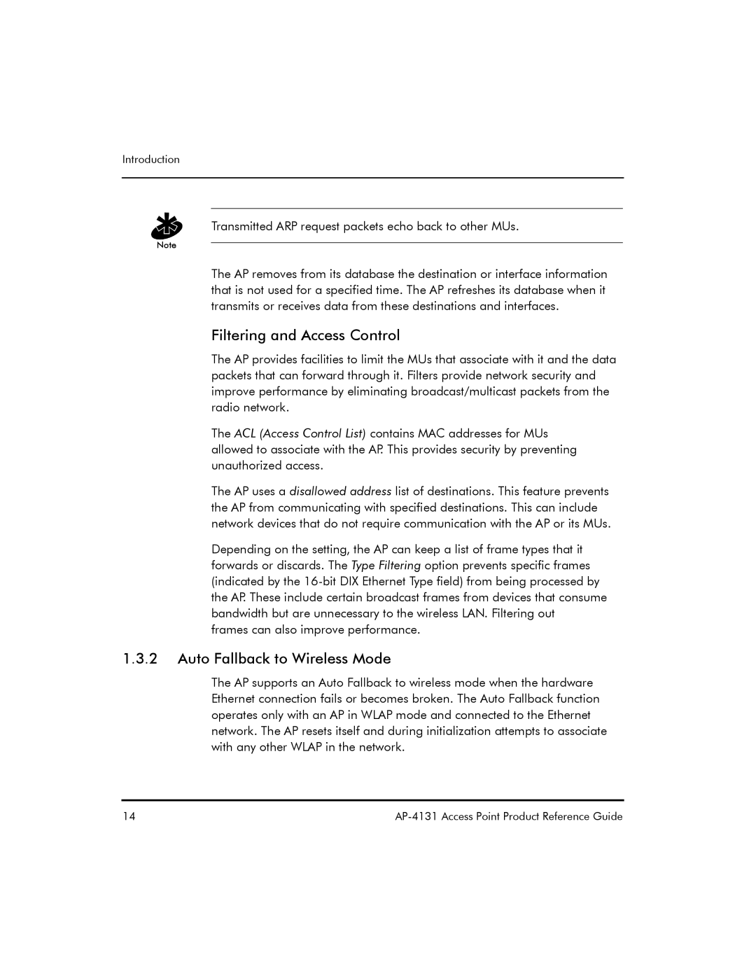 Symbol Technologies AP-4131 manual Filtering and Access Control, Auto Fallback to Wireless Mode 