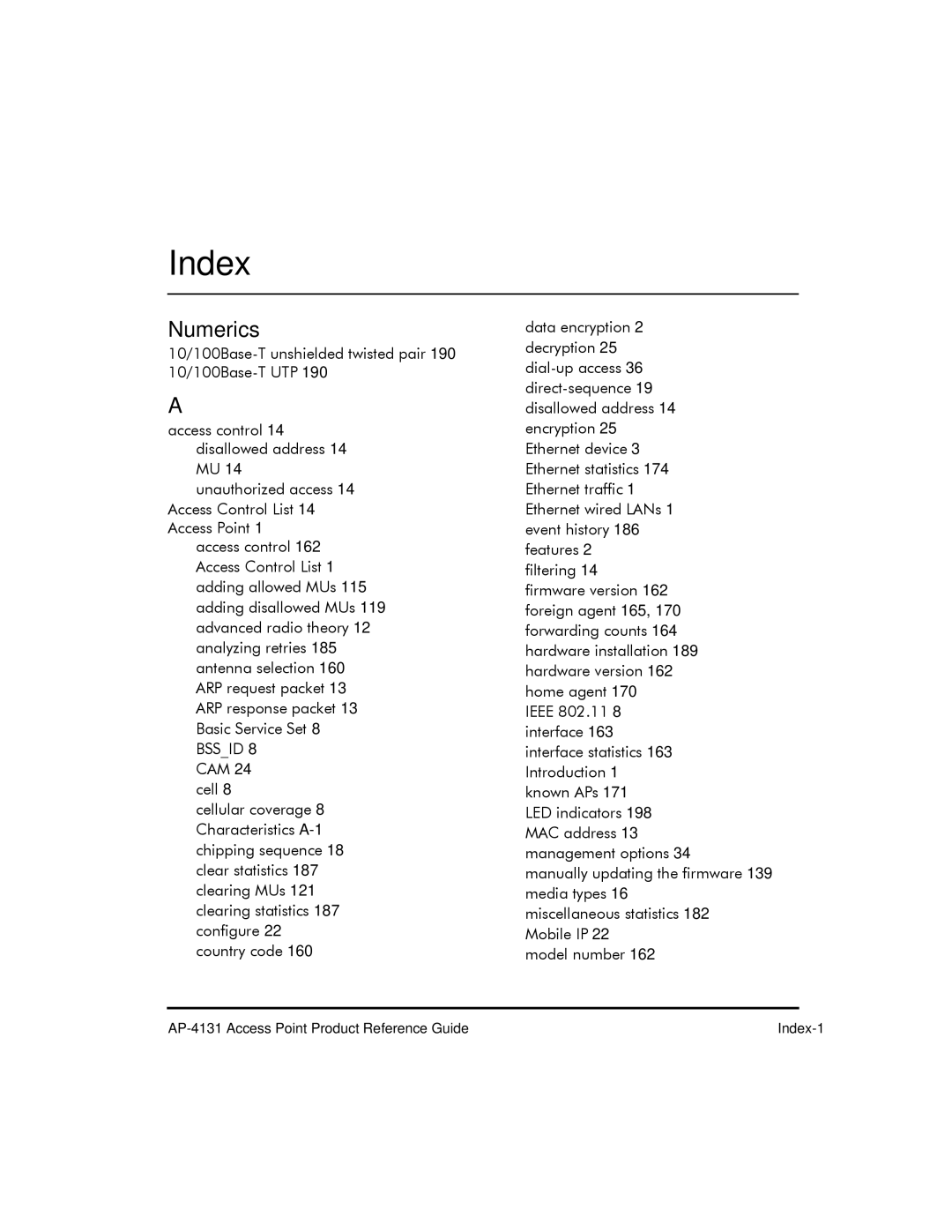 Symbol Technologies AP-4131 manual Index 