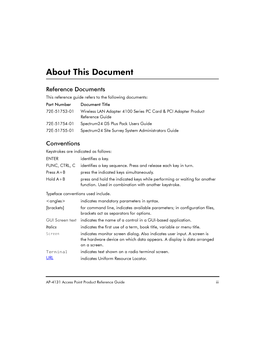 Symbol Technologies AP-4131 manual About This Document, Italics 