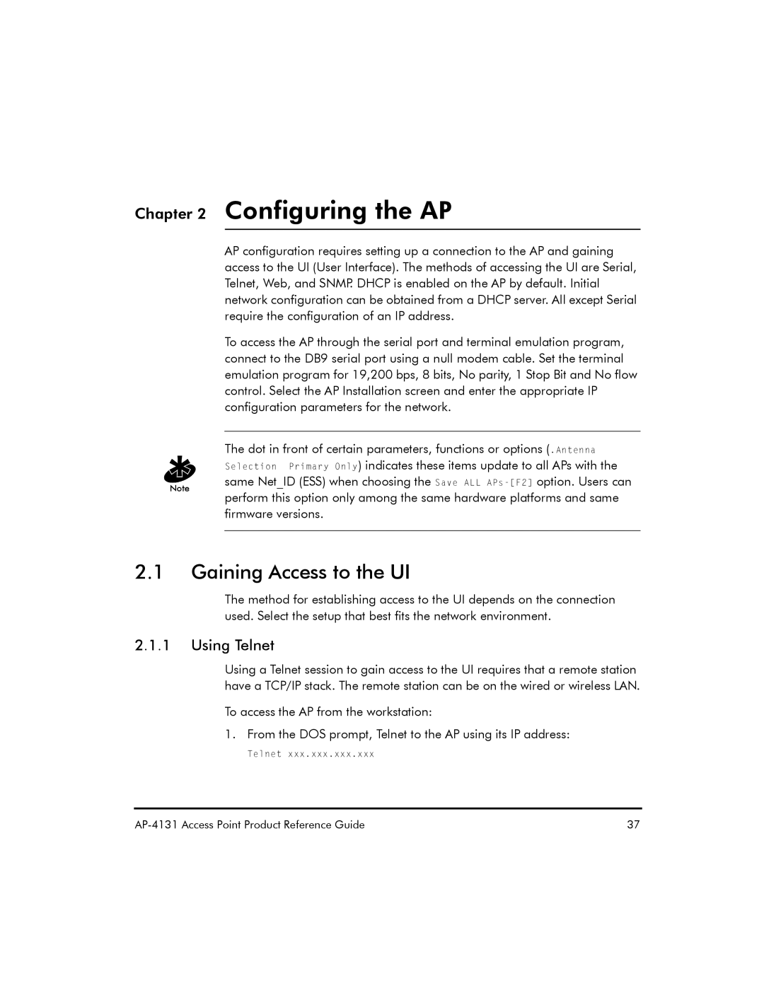 Symbol Technologies AP-4131 manual Gaining Access to the UI, Using Telnet 