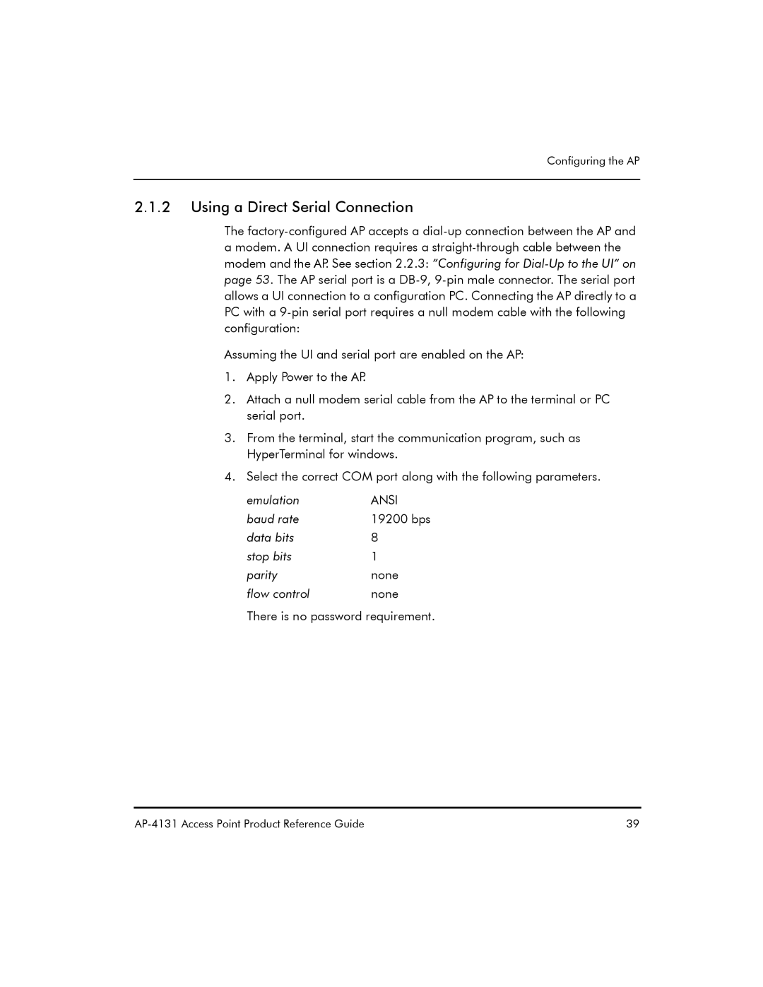 Symbol Technologies AP-4131 manual Using a Direct Serial Connection, Emulation 