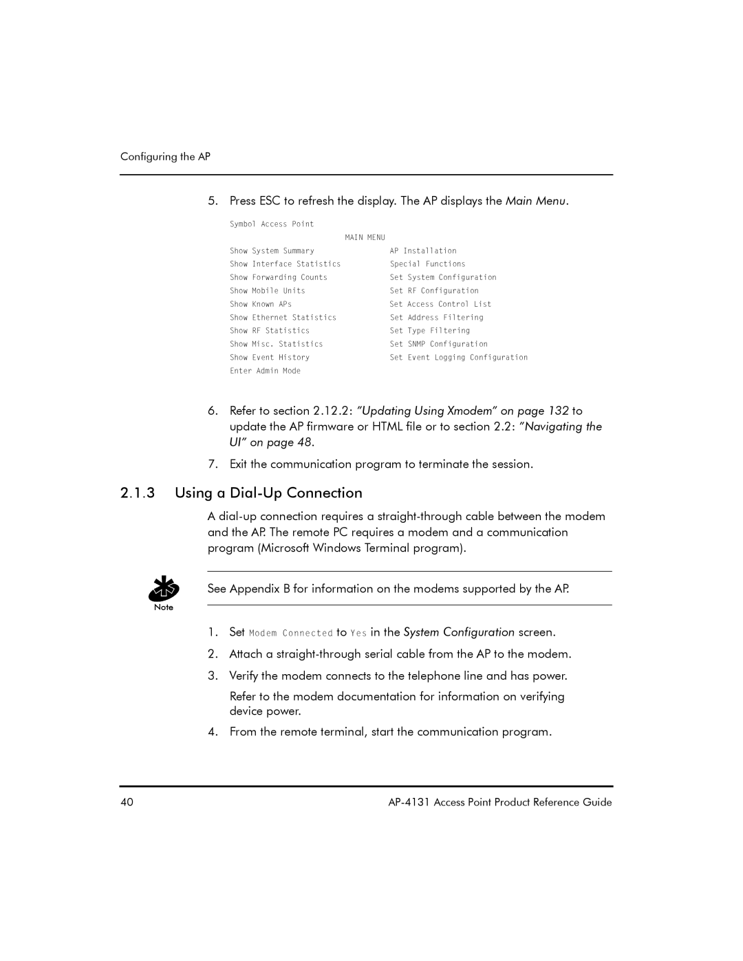 Symbol Technologies AP-4131 manual Using a Dial-Up Connection, Refer to .12.2 Updating Using Xmodem on page 132 to 