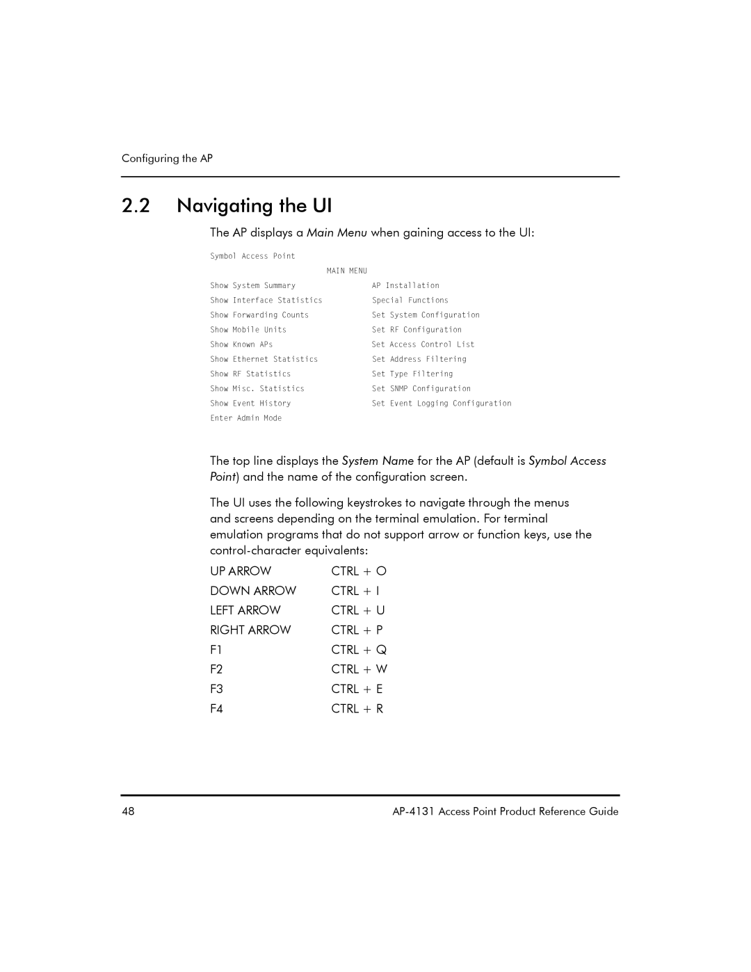 Symbol Technologies AP-4131 manual Navigating the UI, AP displays a Main Menu when gaining access to the UI 