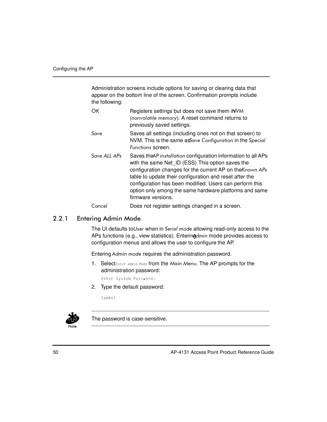 Symbol Technologies AP-4131 manual Entering Admin Mode 