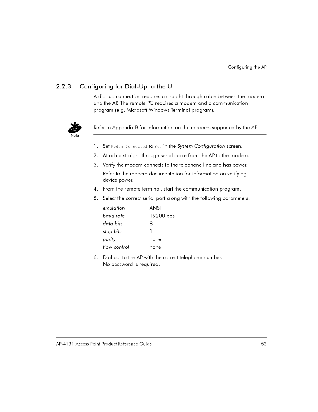 Symbol Technologies AP-4131 manual Configuring for Dial-Up to the UI, Emulation 