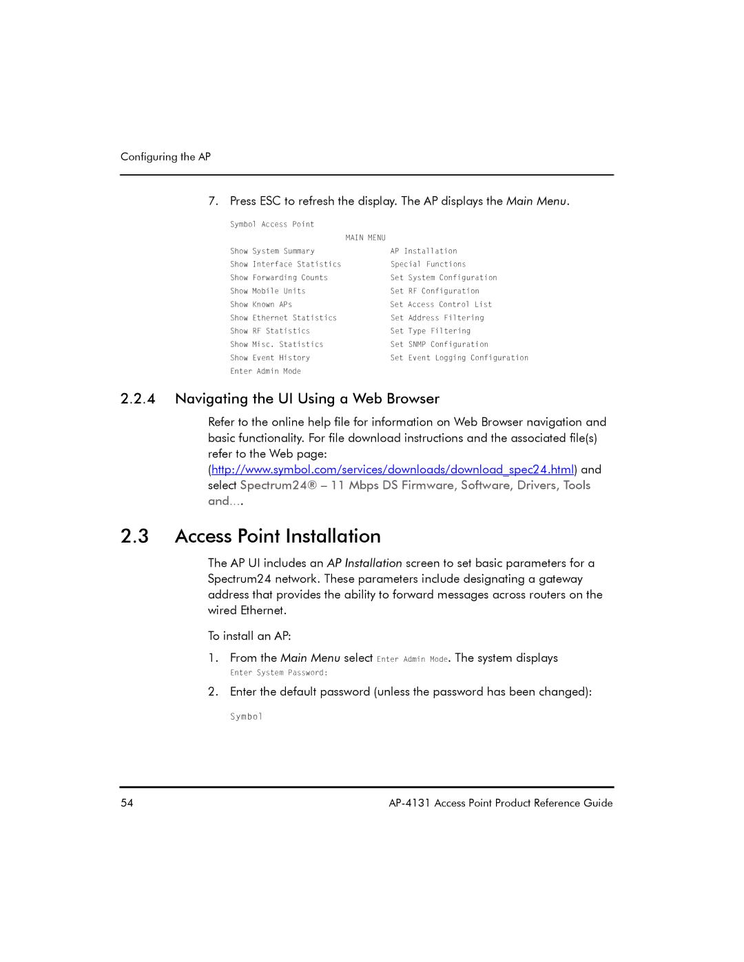 Symbol Technologies AP-4131 manual Access Point Installation, Navigating the UI Using a Web Browser 