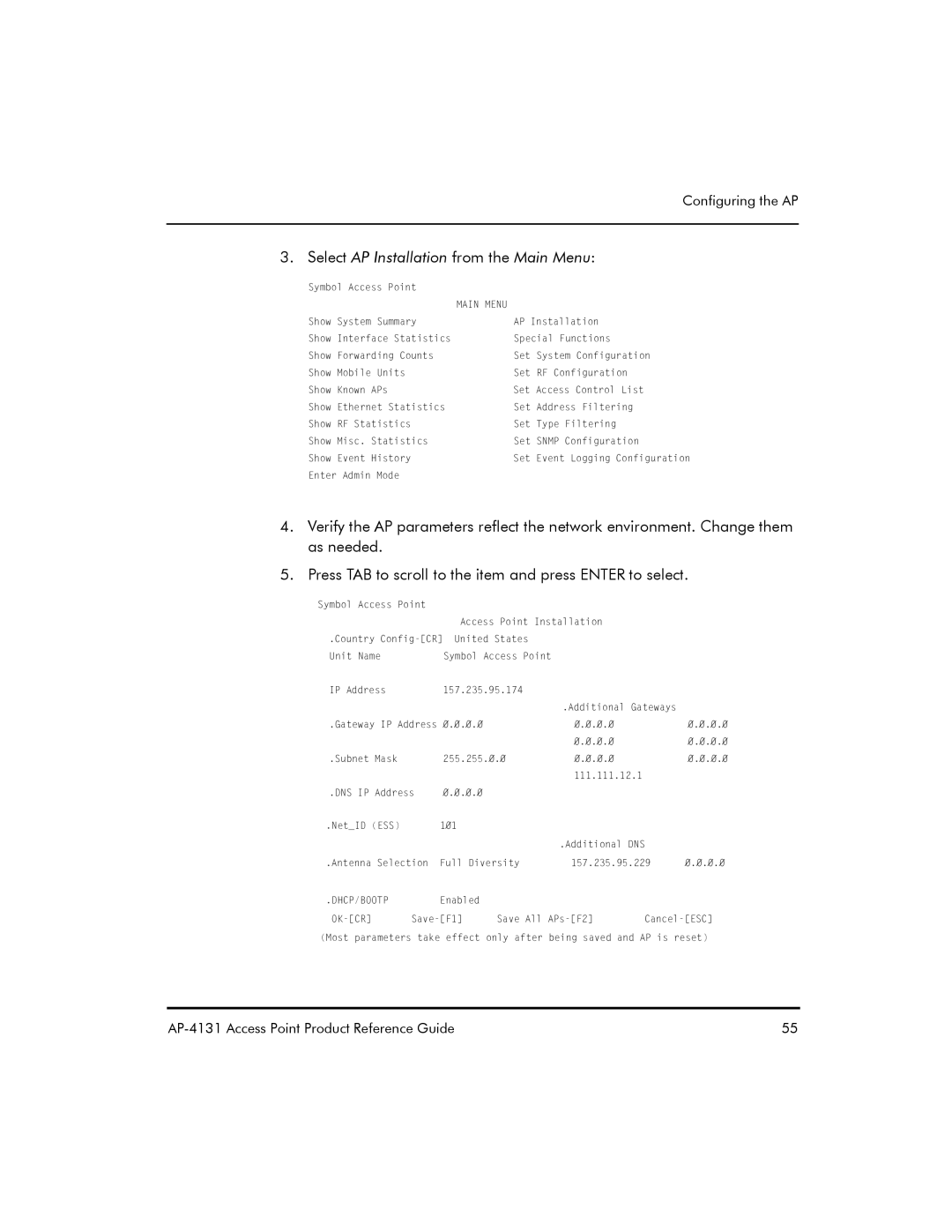 Symbol Technologies AP-4131 manual Select AP Installation from the Main Menu, Dhcp/Bootp 