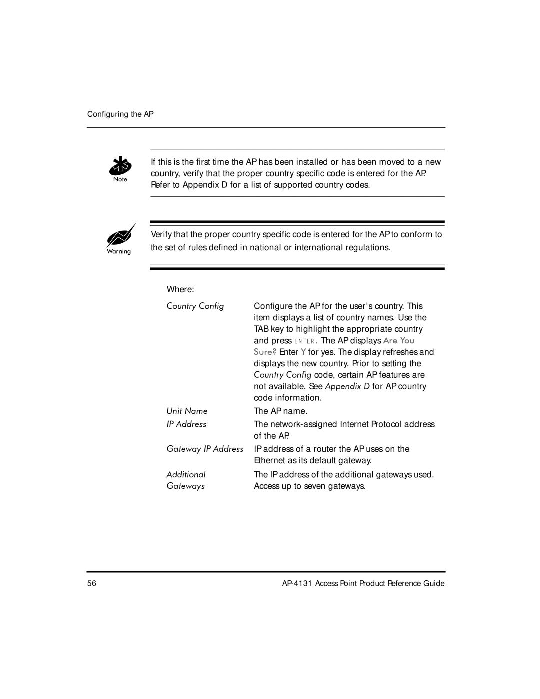 Symbol Technologies AP-4131 manual Country Config, Unit Name, Gateway IP Address, Additional, Gateways 