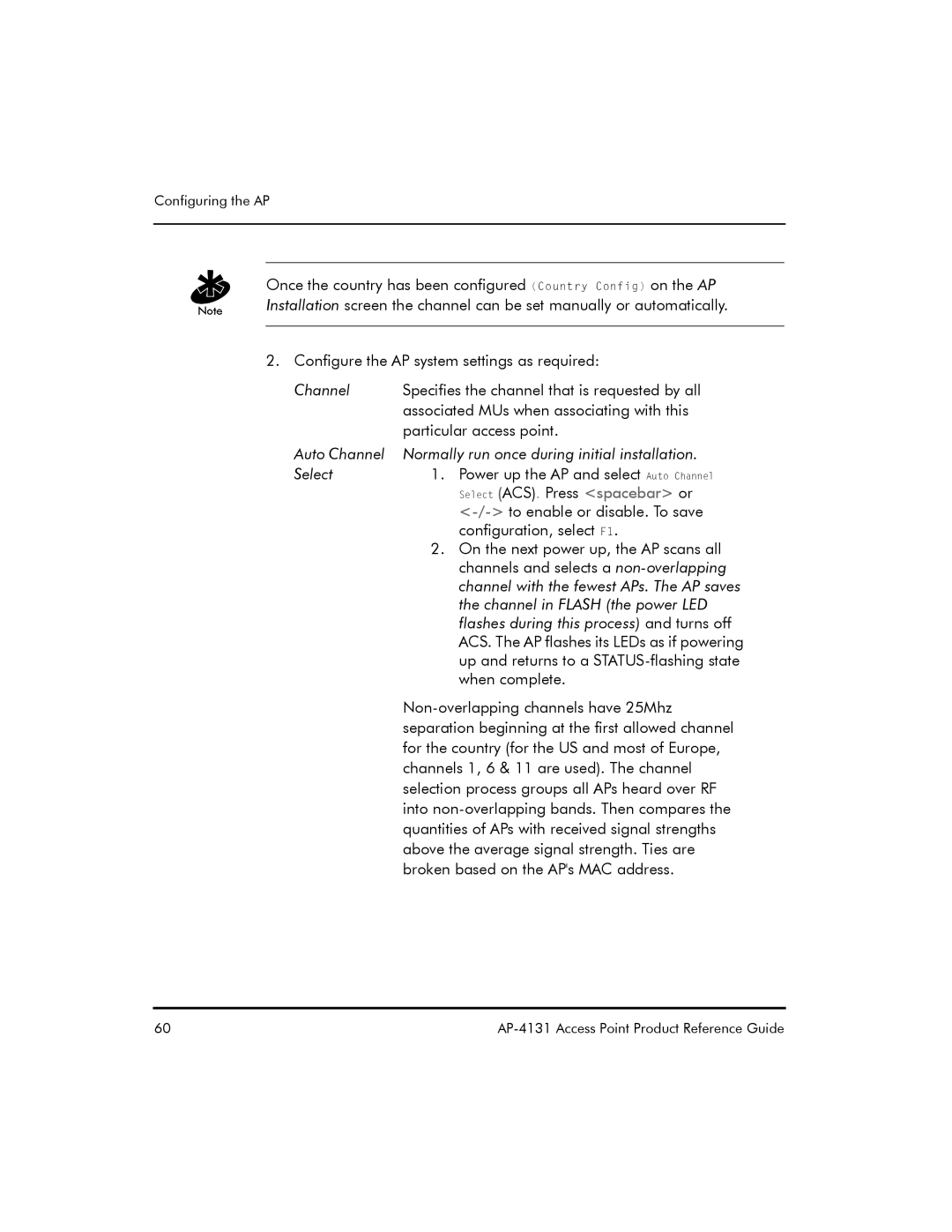 Symbol Technologies AP-4131 manual To enable or disable. To save, Configuration, select F1, Channel in Flash the power LED 