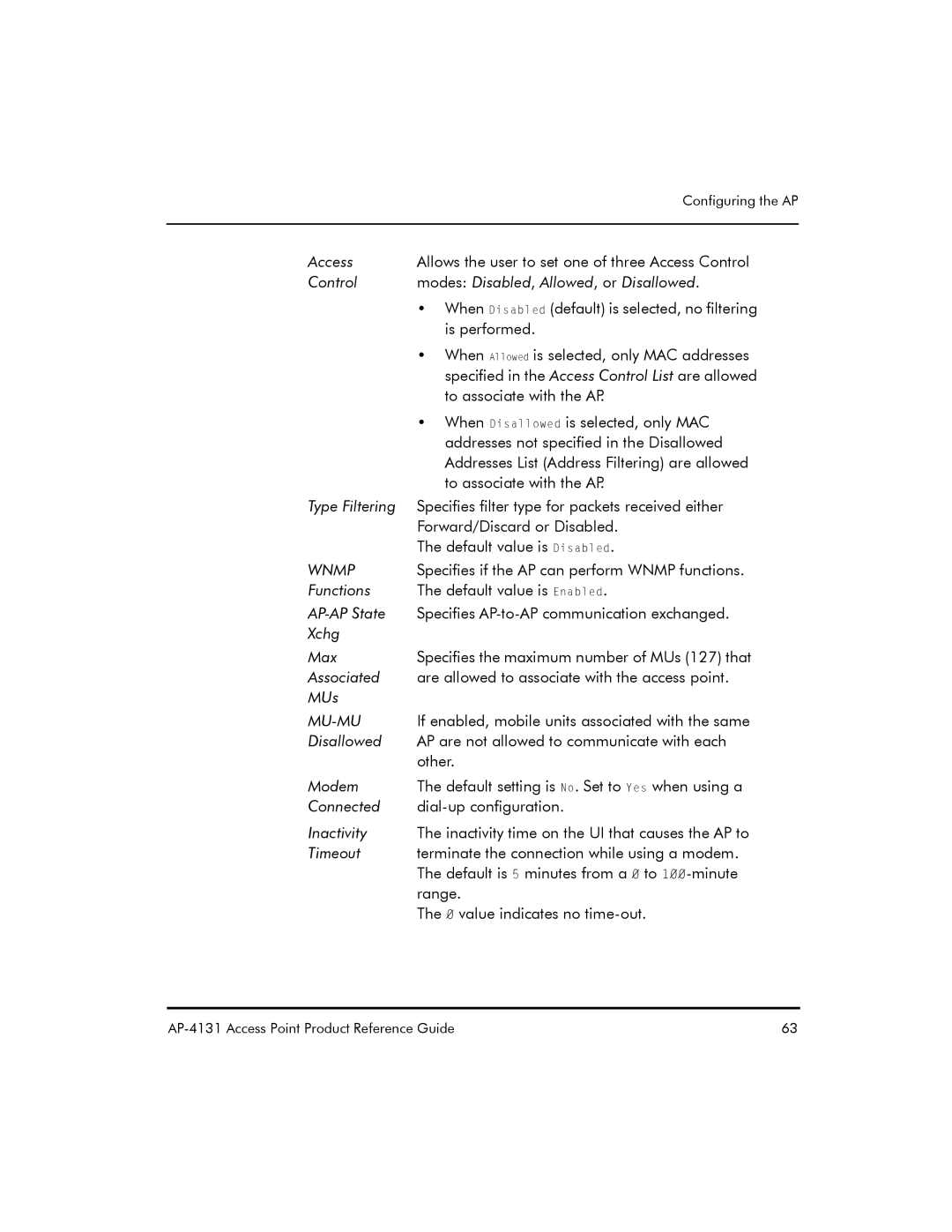 Symbol Technologies AP-4131 manual Specifies if the AP can perform Wnmp functions 