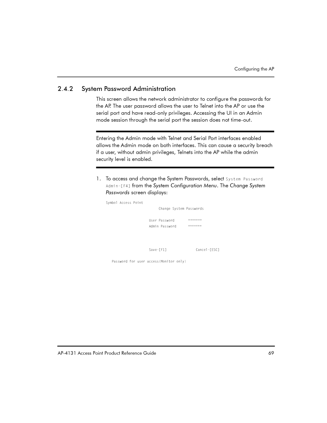 Symbol Technologies AP-4131 manual System Password Administration 