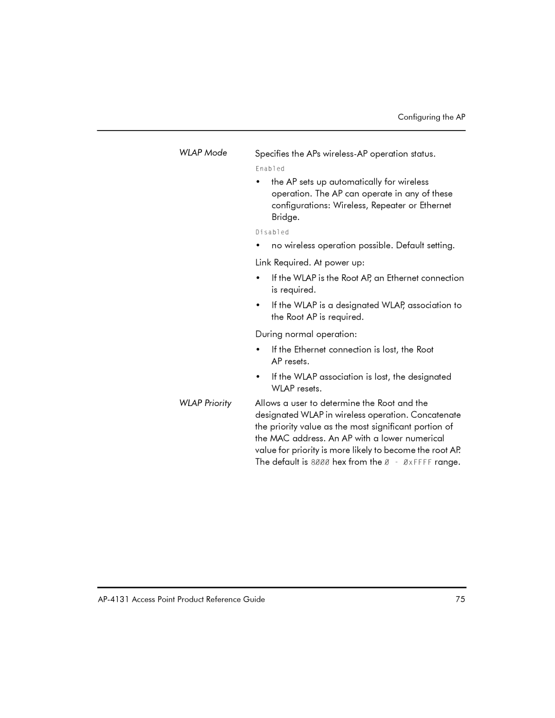 Symbol Technologies AP-4131 manual Wlap Mode Wlap Priority 