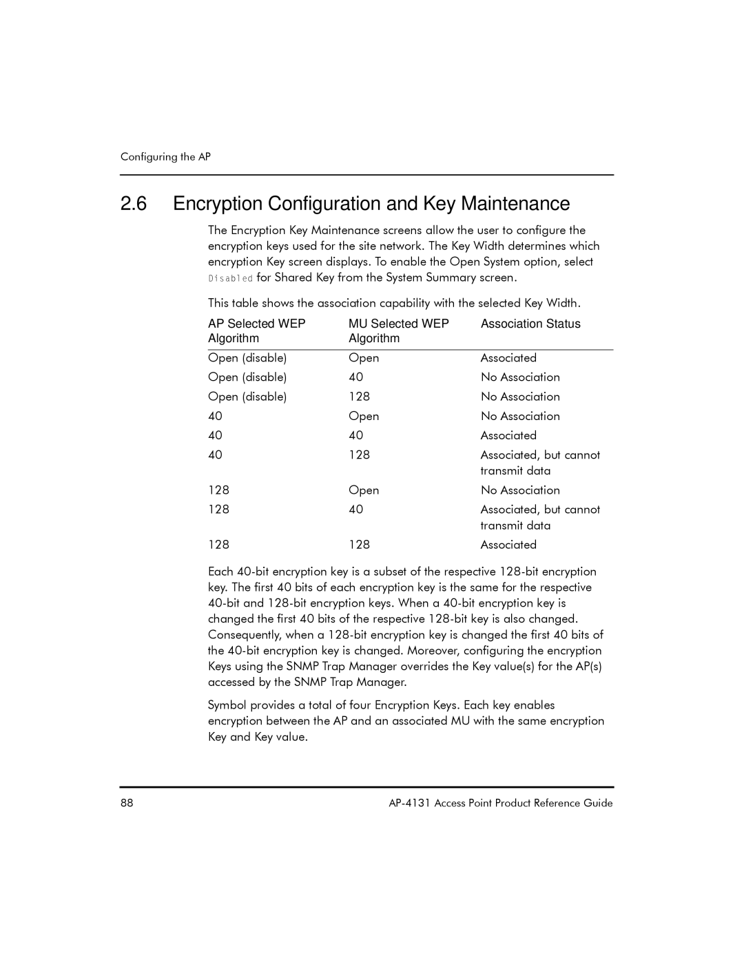 Symbol Technologies AP-4131 manual Encryption Configuration and Key Maintenance 