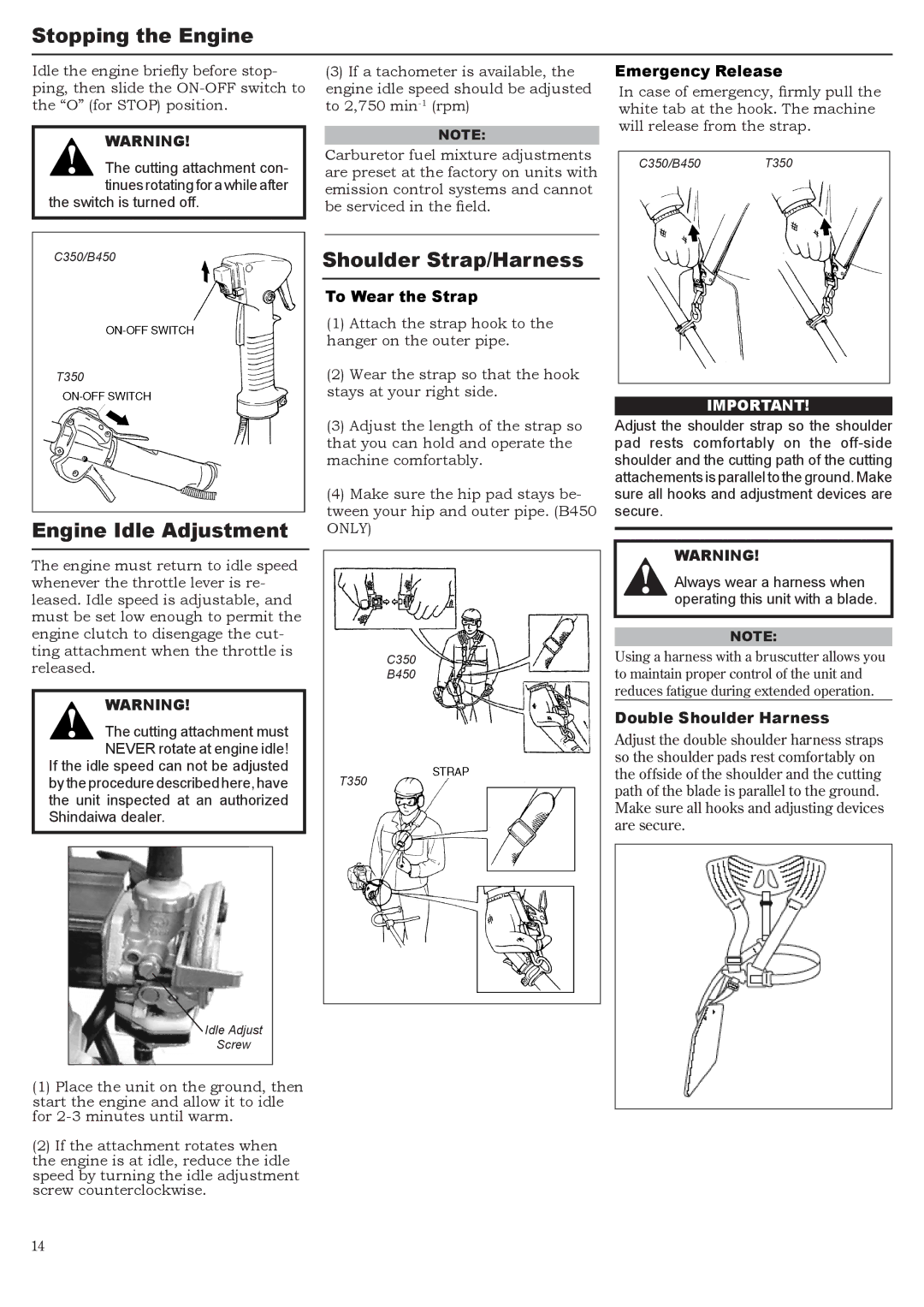 Symbol Technologies C350, B450, T350 manual Stopping the Engine, Engine Idle Adjustment, Shoulder Strap/Harness 