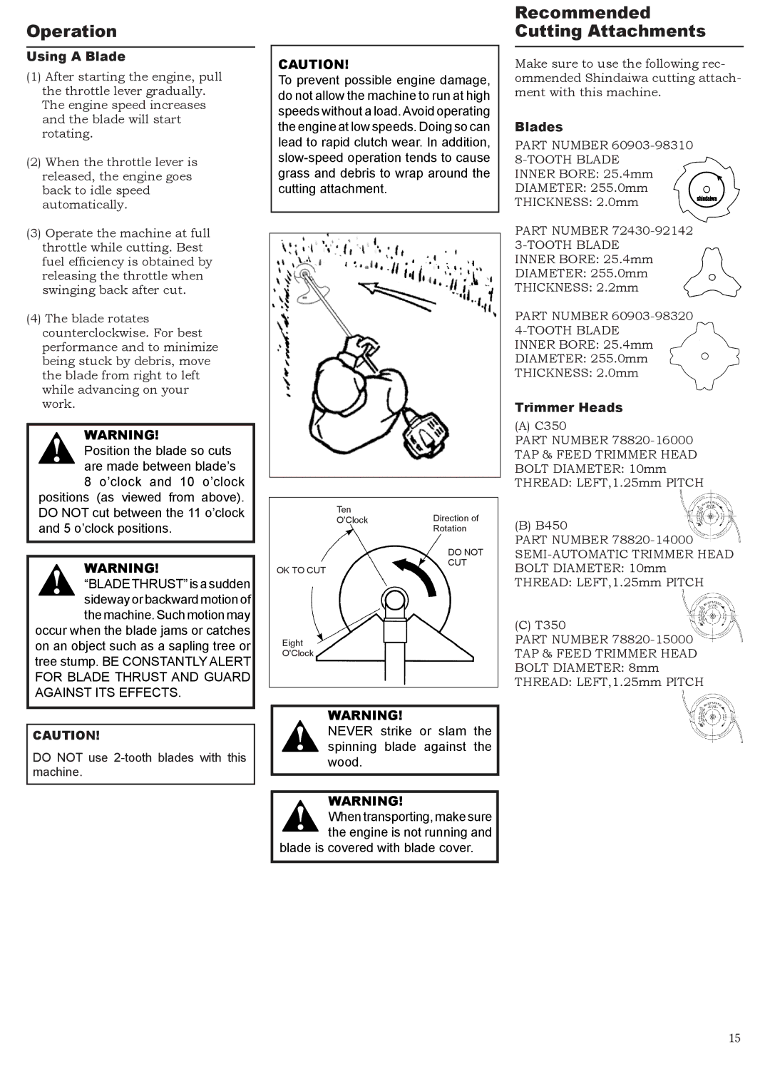 Symbol Technologies B450, T350, C350 manual Operation, Recommended Cutting Attachments, Using a Blade, Blades, Trimmer Heads 