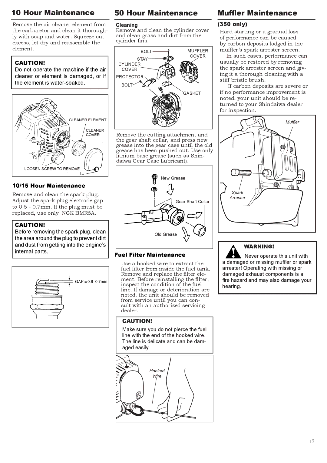 Symbol Technologies C350, B450, T350 manual Hour Maintenance, Muffler Maintenance 