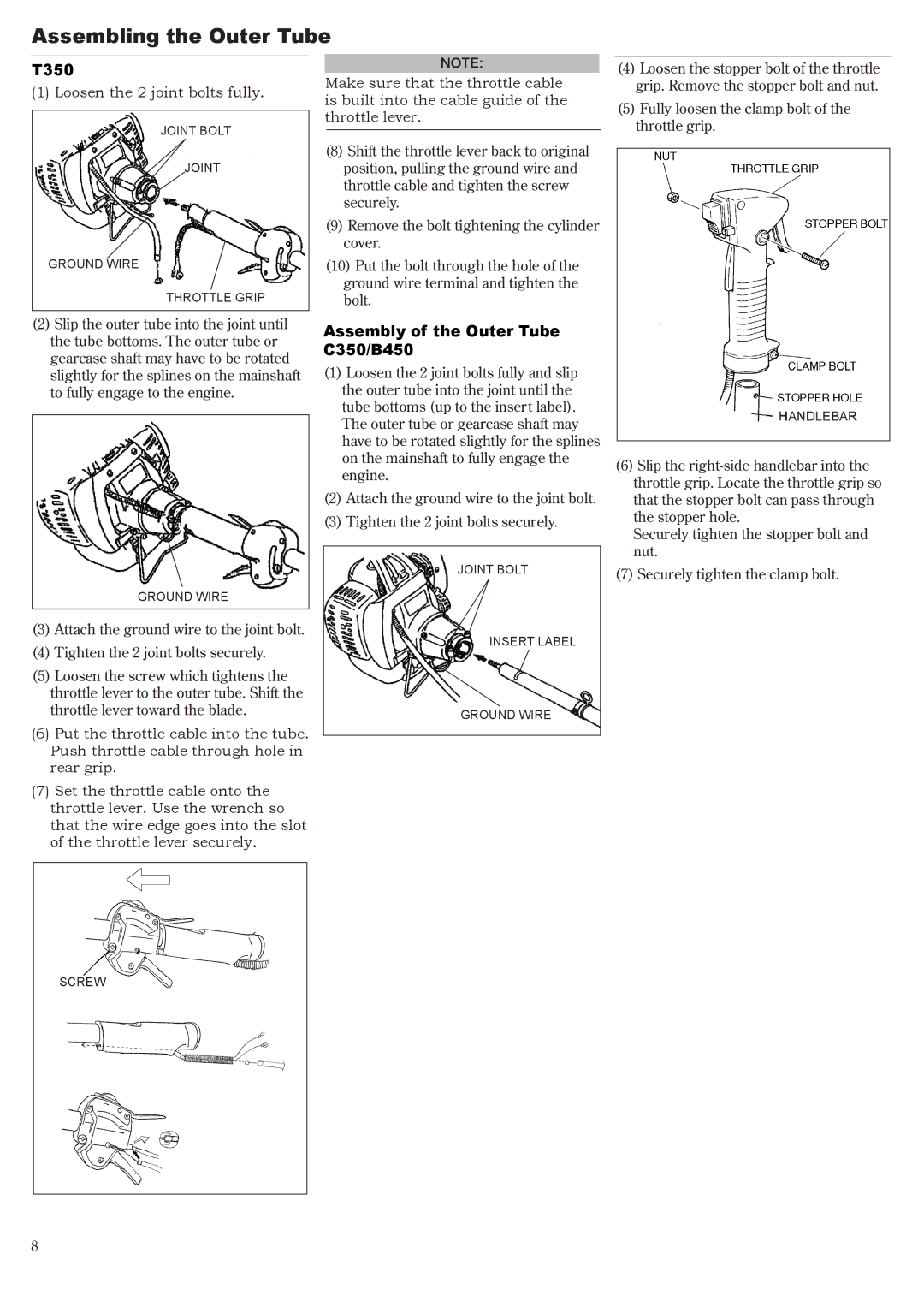 Symbol Technologies C350, B450 manual Assembling the Outer Tube, T350, Loosen the 2 joint bolts fully 