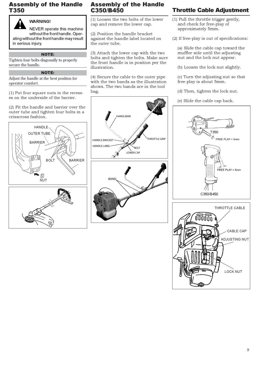 Symbol Technologies manual Assembly of the Handle T350, Assembly of the Handle C350/B450, Throttle Cable Adjustment 