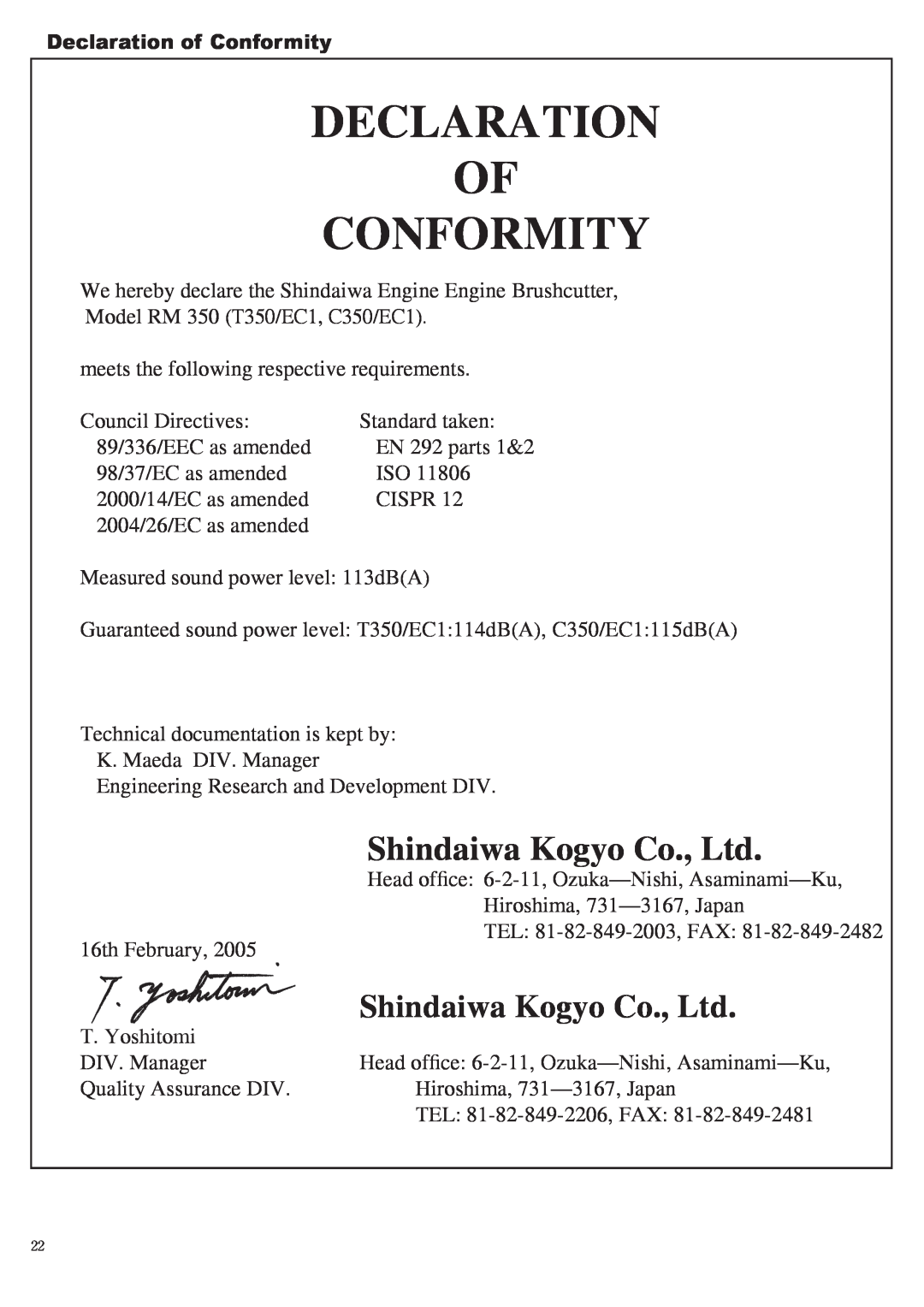 Symbol Technologies T350, B450, C350 manual Declaration Of Conformity, Declaration of Conformity 