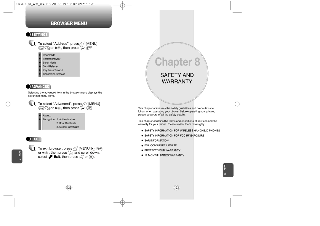 Symbol Technologies CDM-8910WW To select Advanced, press Menu Or , then press, To exit browser, press Menu Then press 