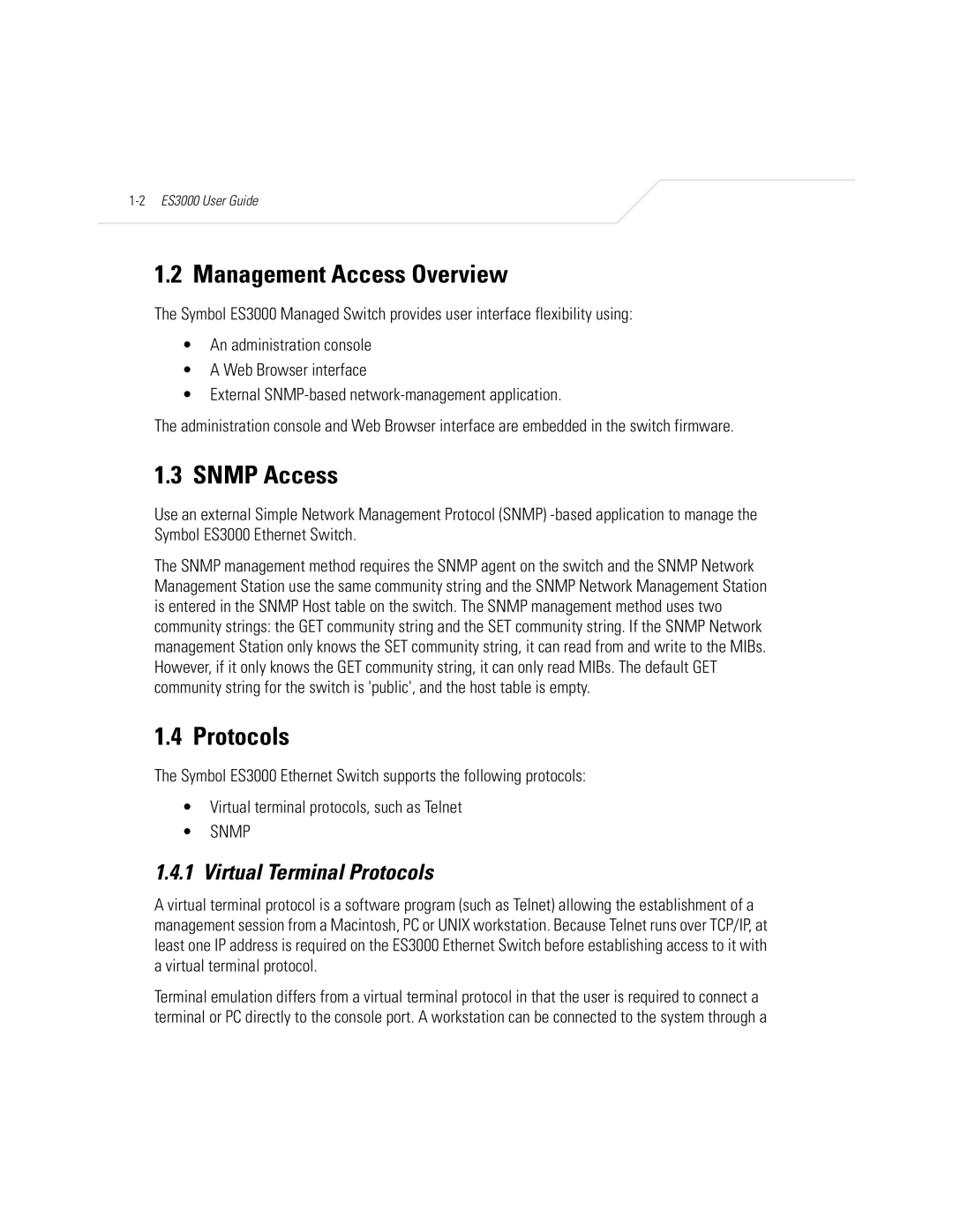 Symbol Technologies ES3000 manual Management Access Overview, Snmp Access, Virtual Terminal Protocols 