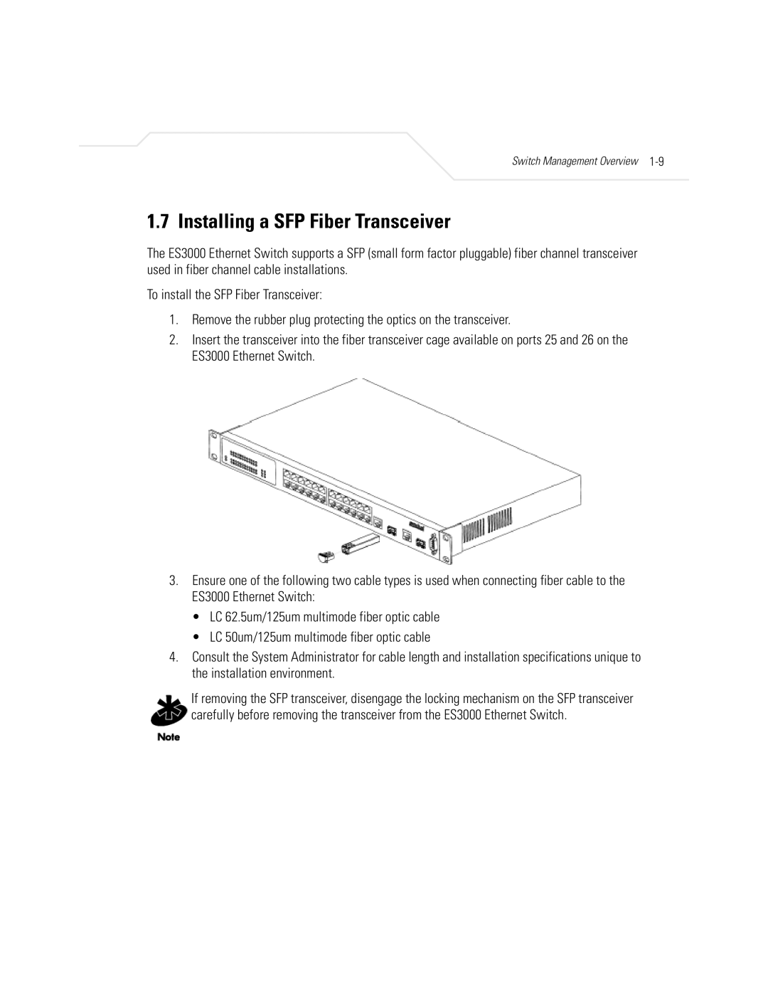 Symbol Technologies ES3000 manual Installing a SFP Fiber Transceiver 