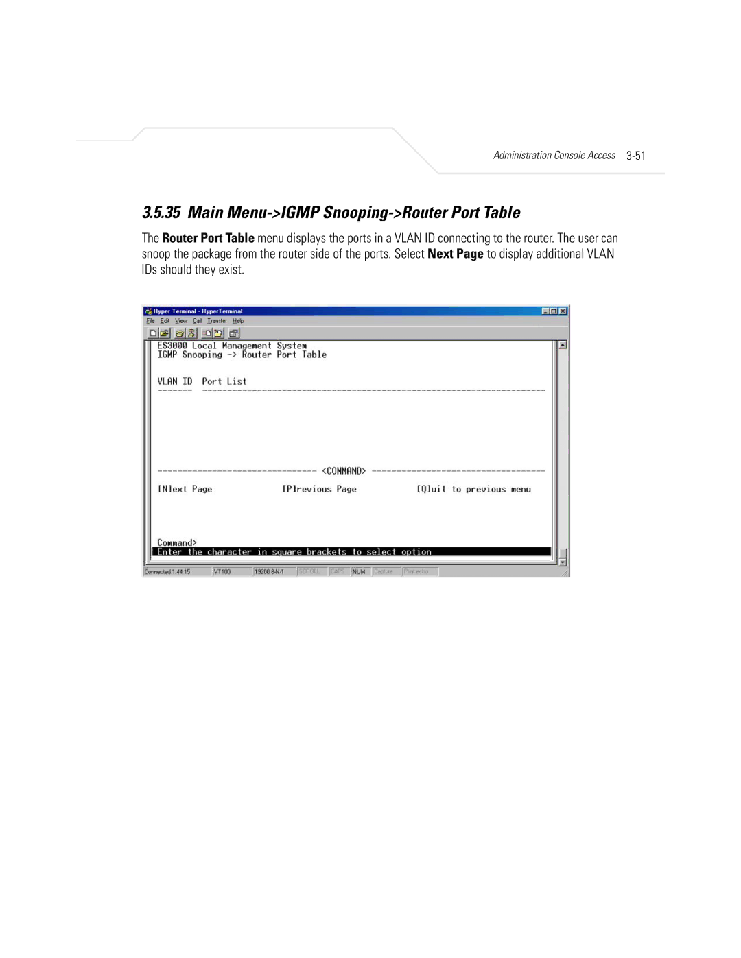 Symbol Technologies ES3000 manual Main Menu-IGMP Snooping-Router Port Table 