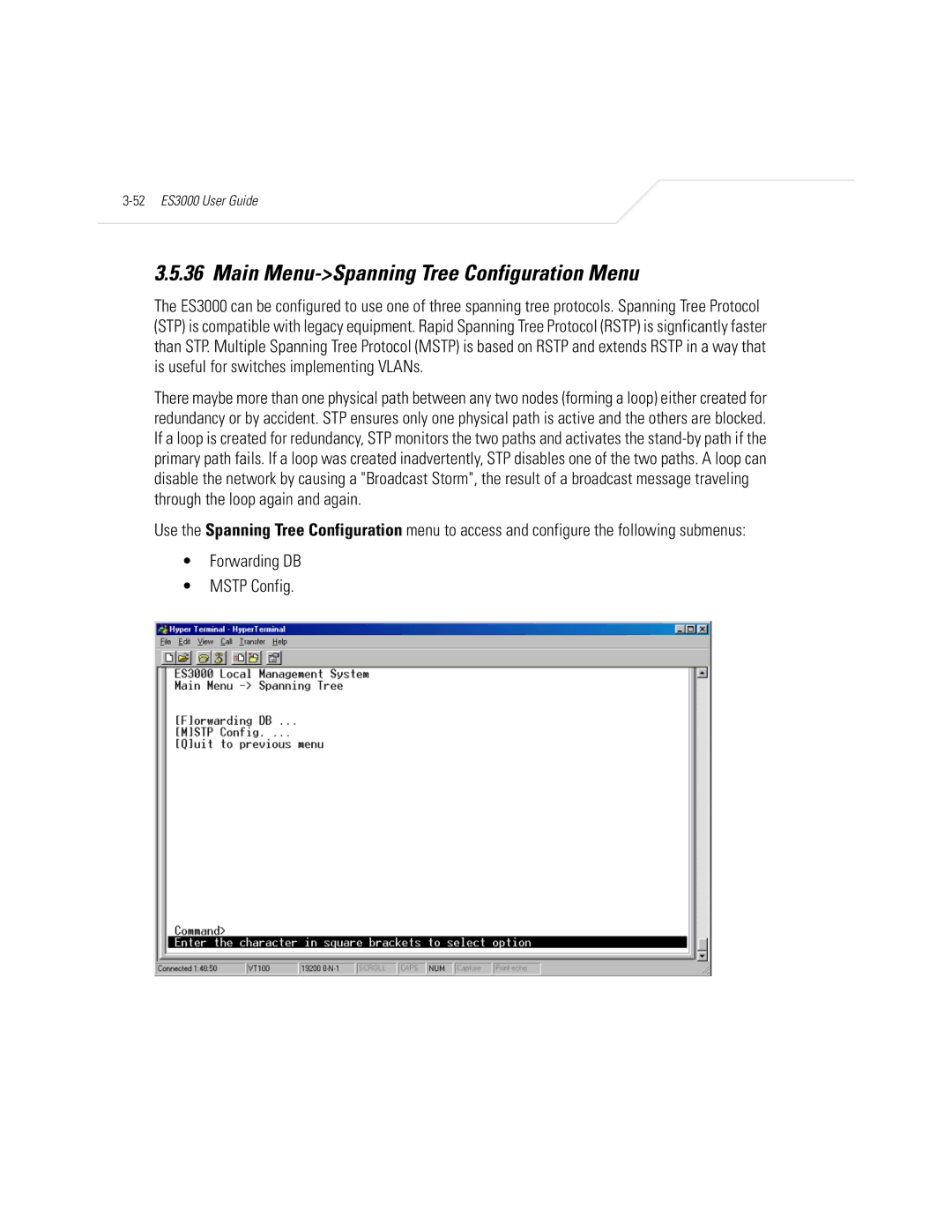 Symbol Technologies ES3000 manual Main Menu-Spanning Tree Configuration Menu, Forwarding DB Mstp Config 