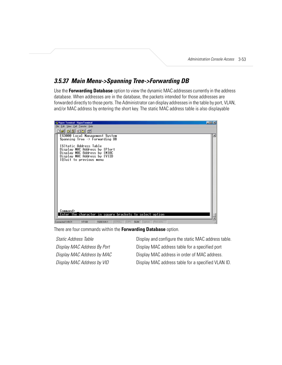 Symbol Technologies ES3000 manual Main Menu-Spanning Tree-Forwarding DB, Static Address Table, Display MAC Address By Port 