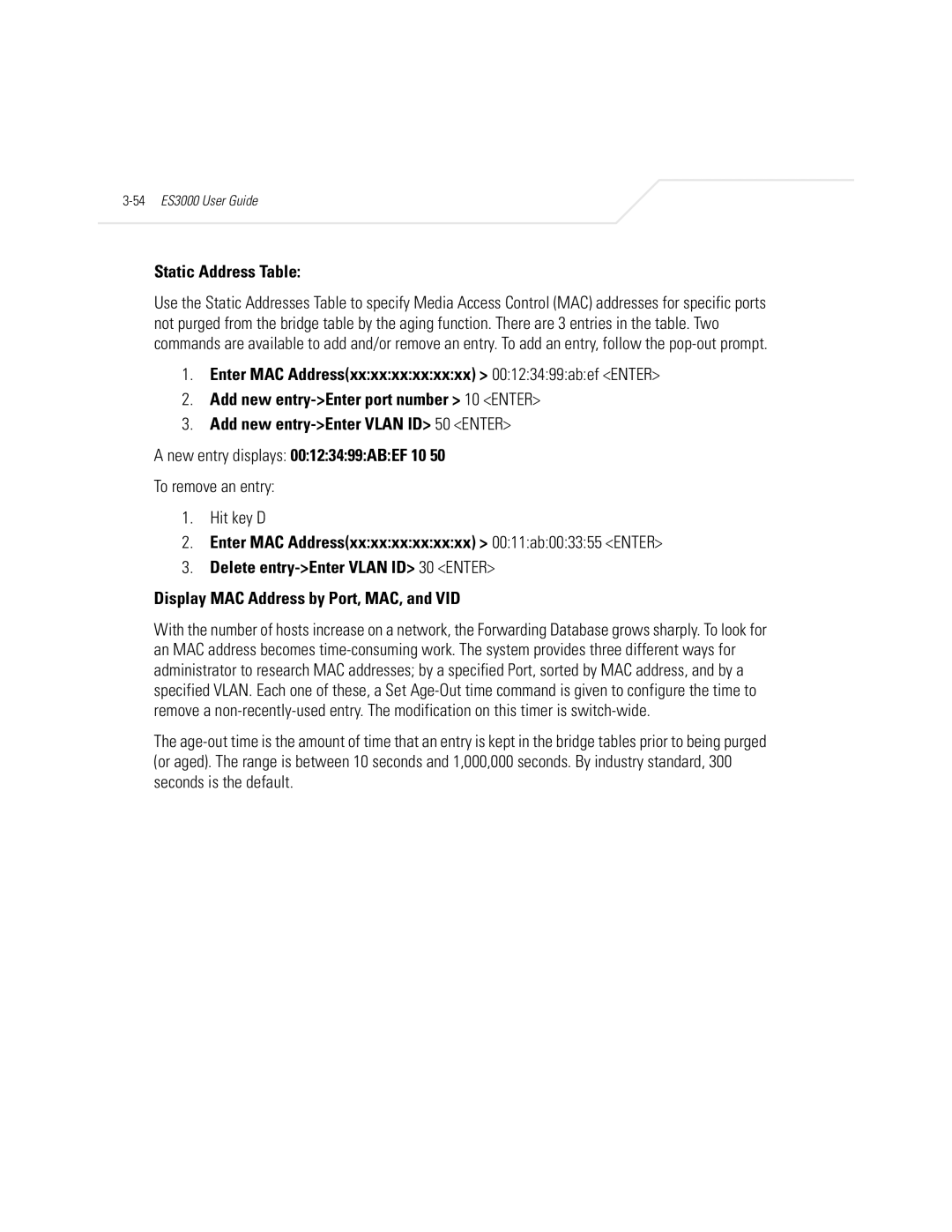 Symbol Technologies ES3000 manual Static Address Table, To remove an entry Hit key D 