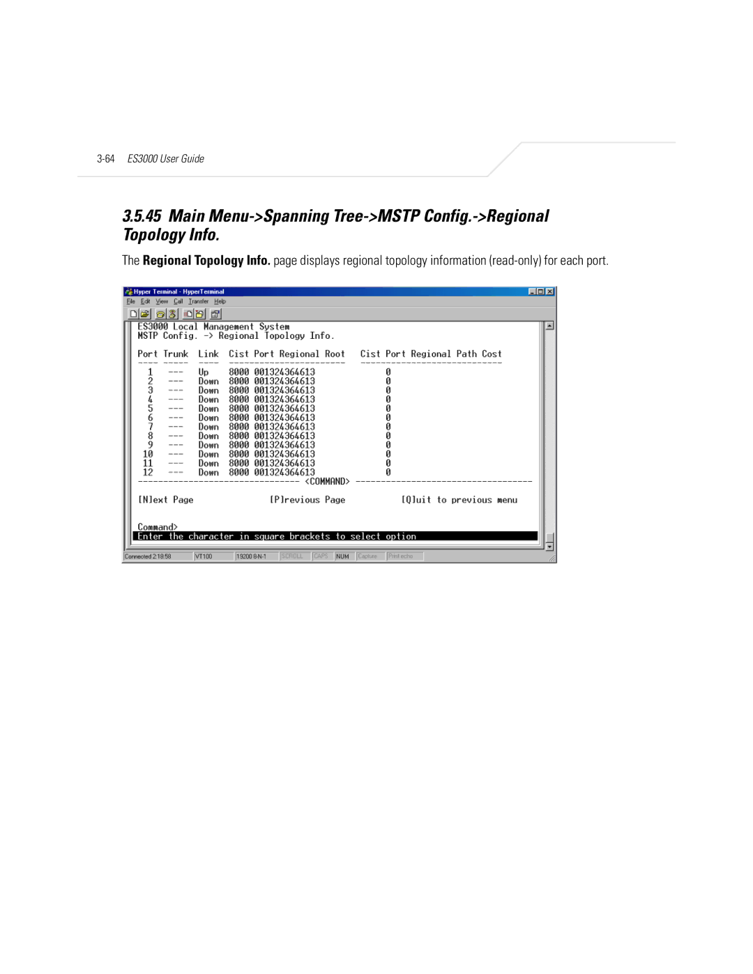 Symbol Technologies ES3000 manual Main Menu-Spanning Tree-MSTP Config.-Regional Topology Info 