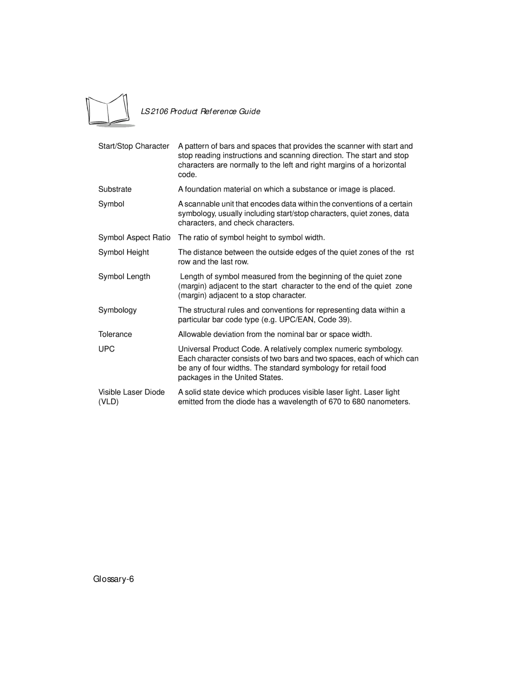 Symbol Technologies LS 2106 manual Substrate, Symbol Length, Symbology, Tolerance 