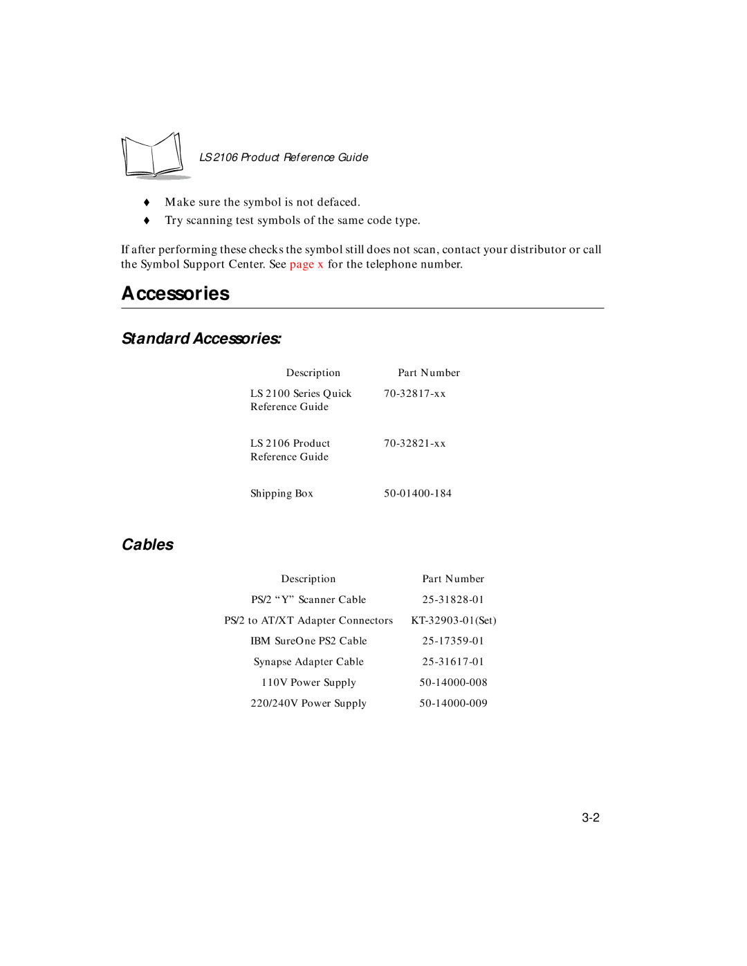 Symbol Technologies LS 2106 manual Accessories, Description Part Number 