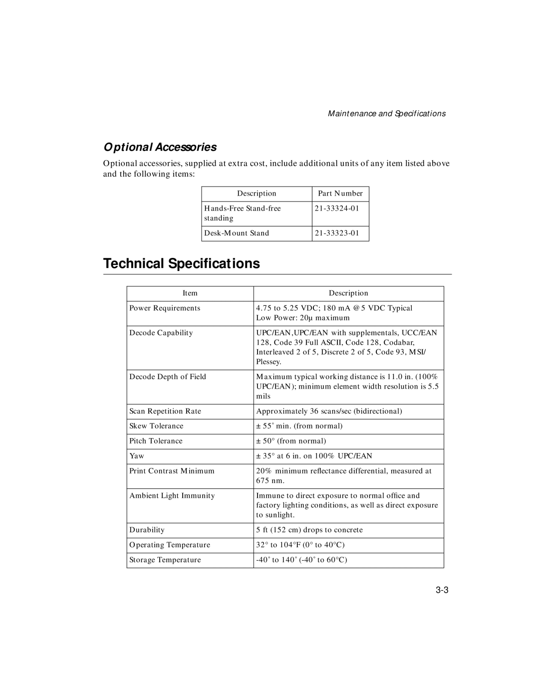 Symbol Technologies LS 2106 manual Technical Speciﬁcations 