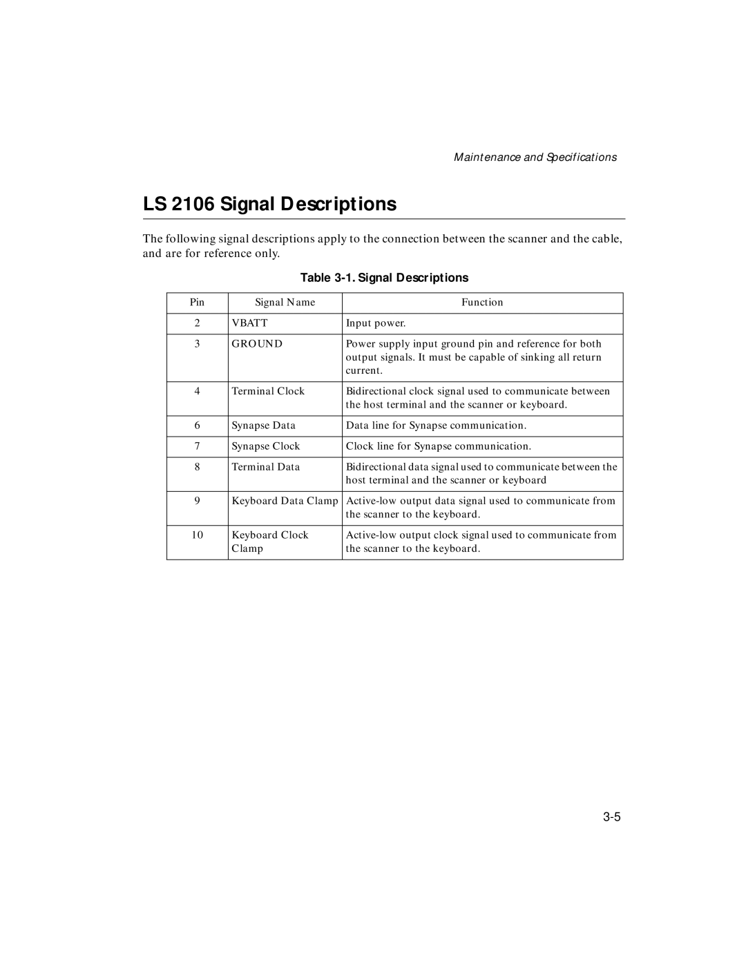 Symbol Technologies manual LS 2106 Signal Descriptions, Pin Signal Name Function 