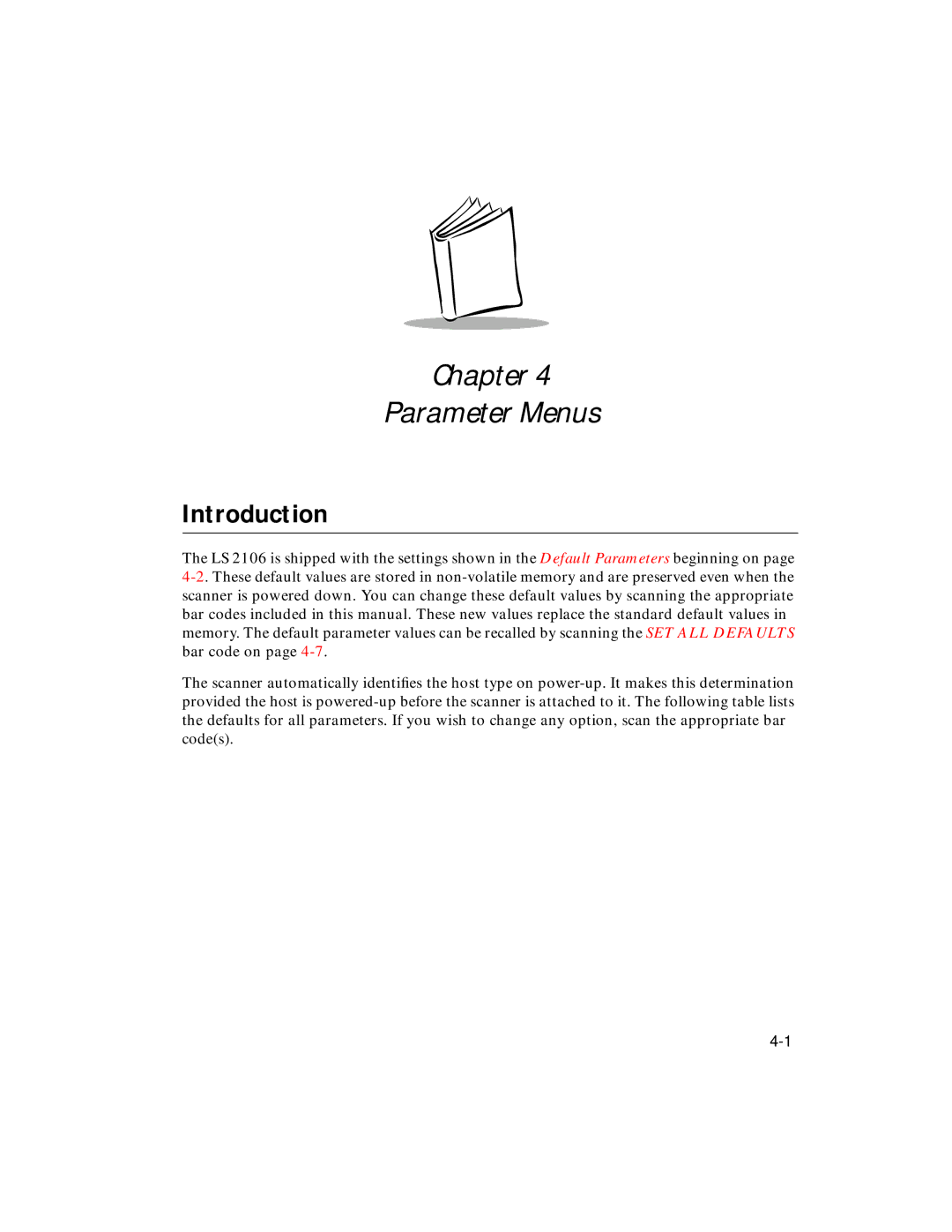 Symbol Technologies LS 2106 manual Chapter Parameter Menus 