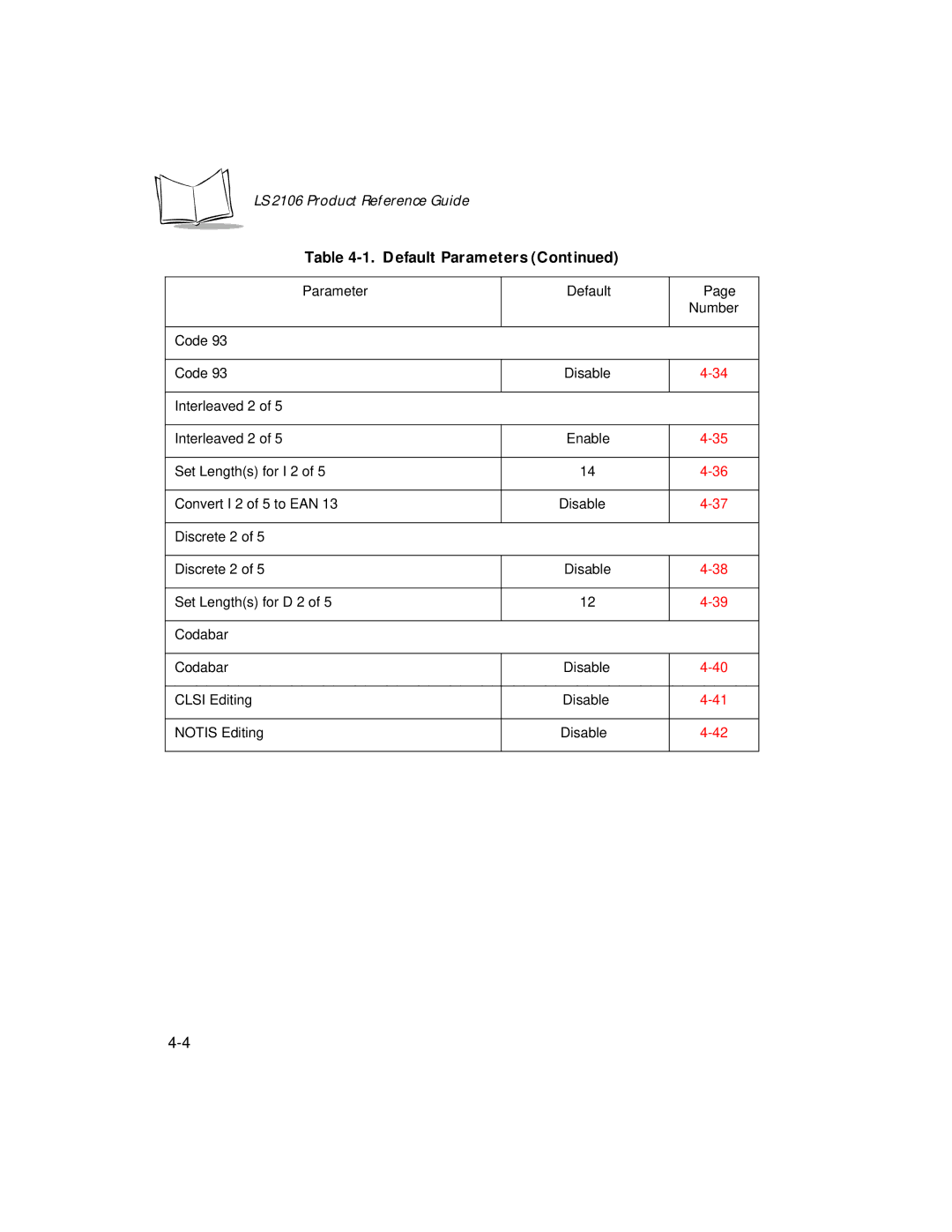 Symbol Technologies LS 2106 manual Parameter Default Number Code, Interleaved 2, Discrete 2, Codabar 