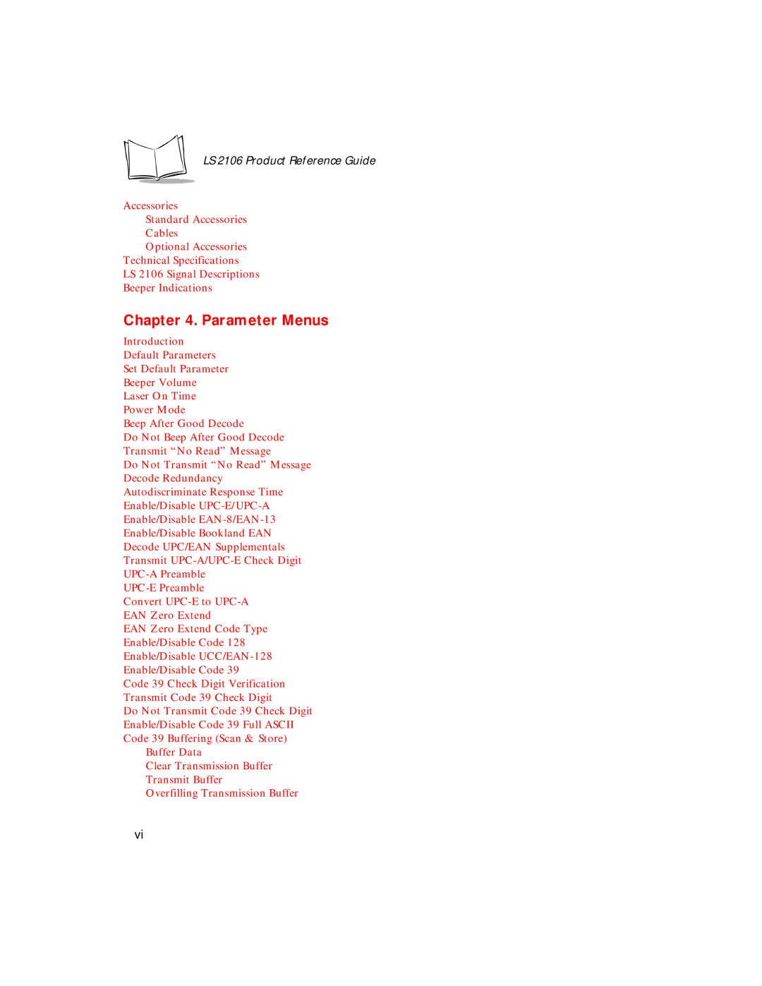 Symbol Technologies LS 2106 manual Parameter Menus 