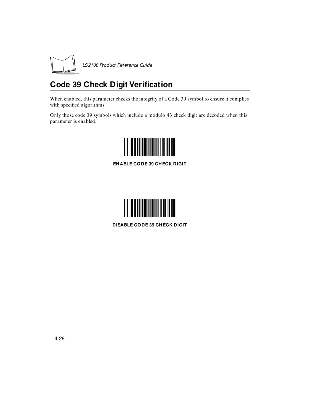 Symbol Technologies LS 2106 manual Code 39 Check Digit Veriﬁcation 