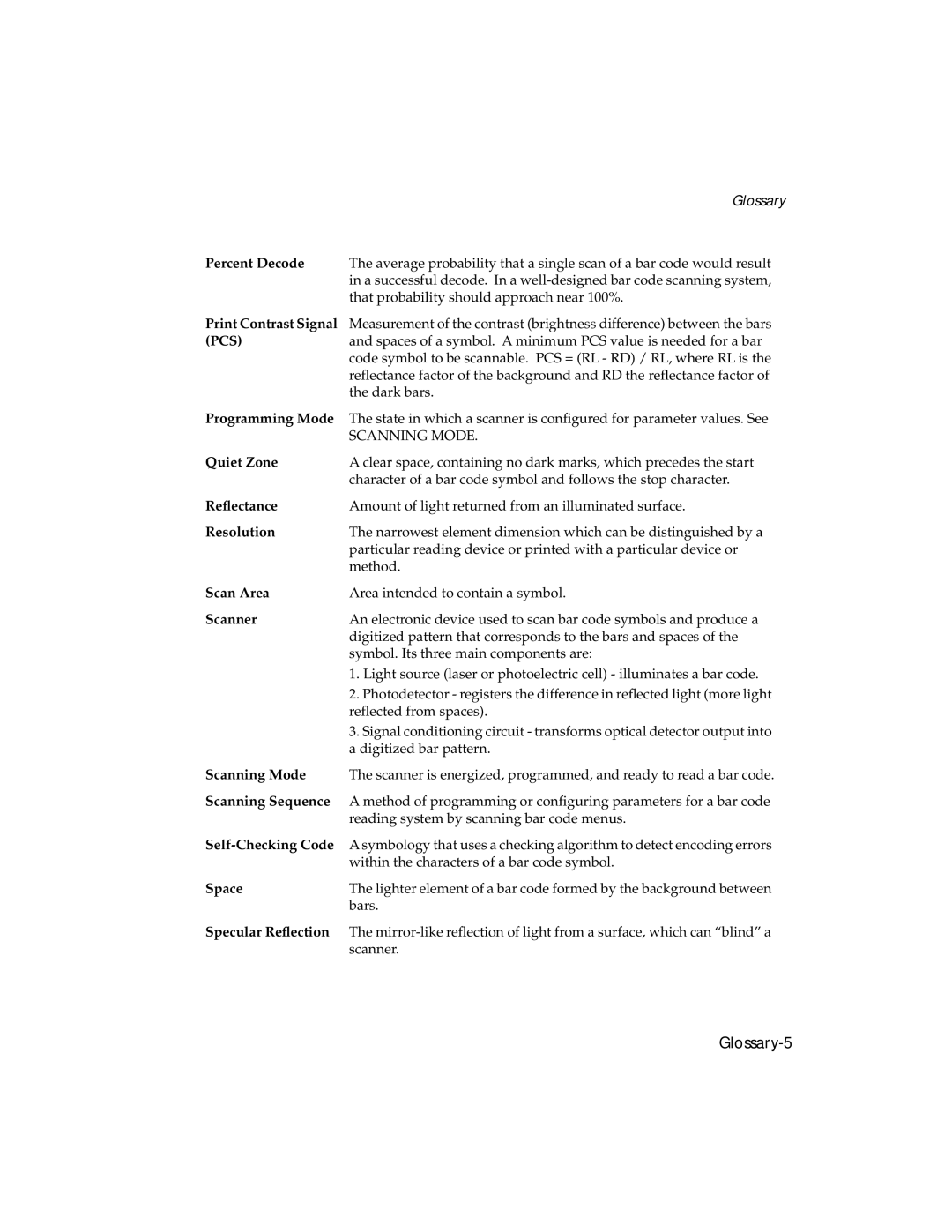 Symbol Technologies LS 2106 Percent Decode, Print Contrast Signal, Programming Mode, Quiet Zone, Reﬂectance, Resolution 