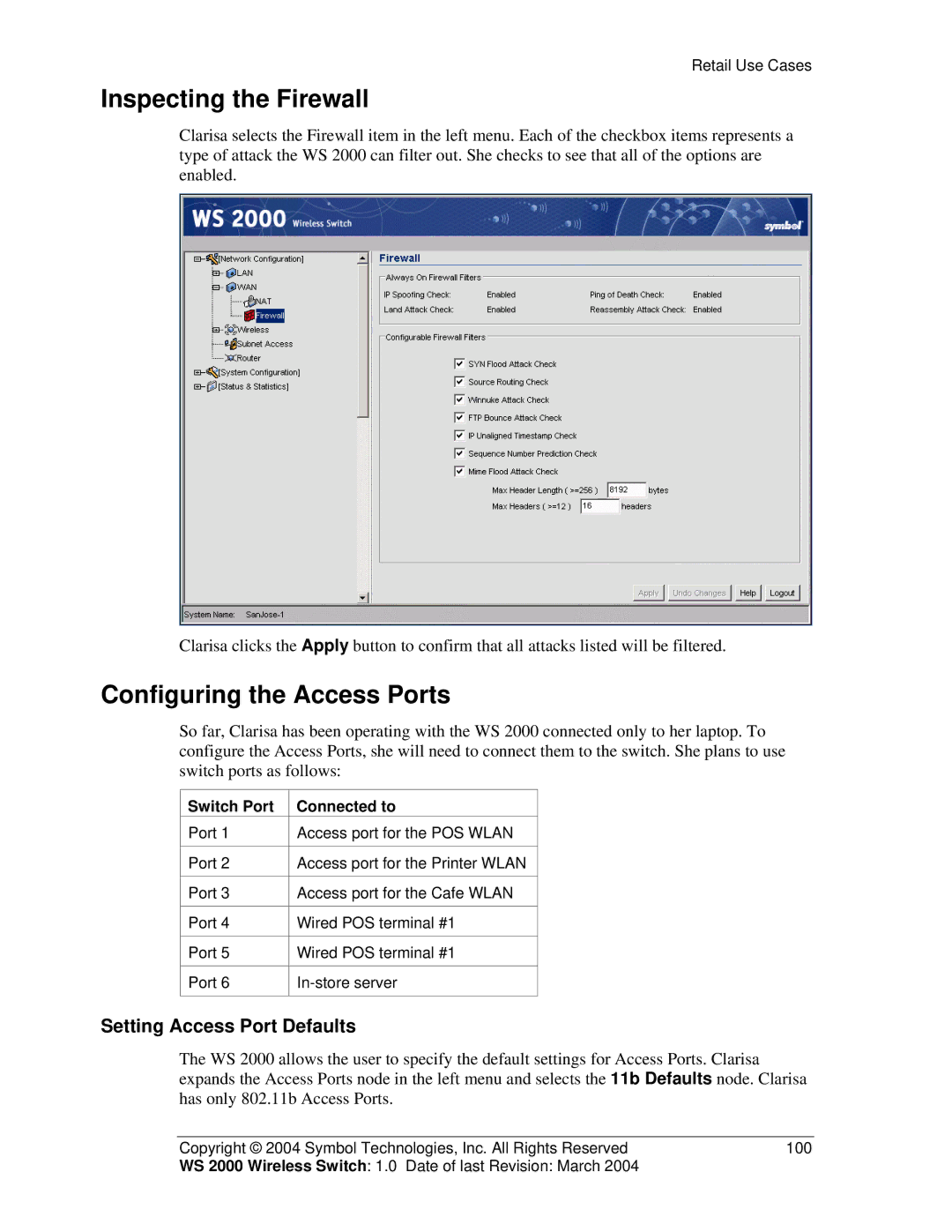 Symbol Technologies WS 2000 manual Inspecting the Firewall, Configuring the Access Ports, Setting Access Port Defaults 