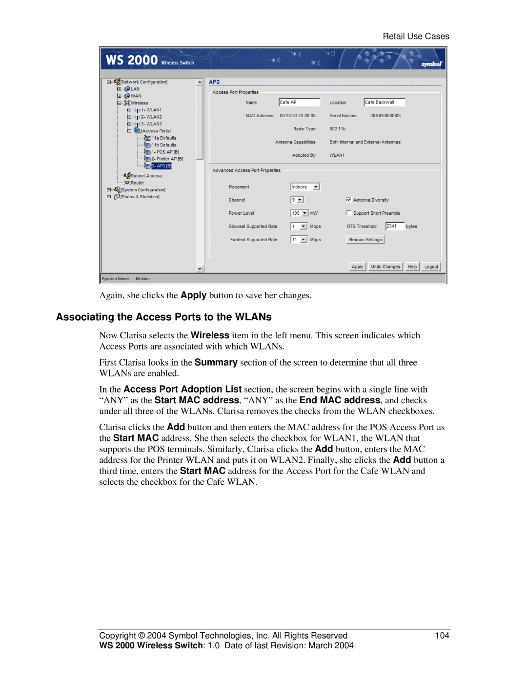 Symbol Technologies WS 2000 manual Associating the Access Ports to the WLANs 