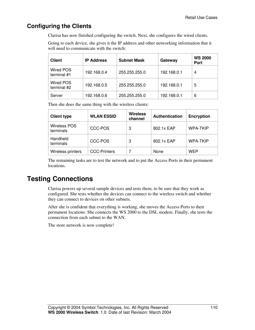 Symbol Technologies WS 2000 manual Testing Connections, Configuring the Clients, Client IP Address Subnet Mask Gateway Port 