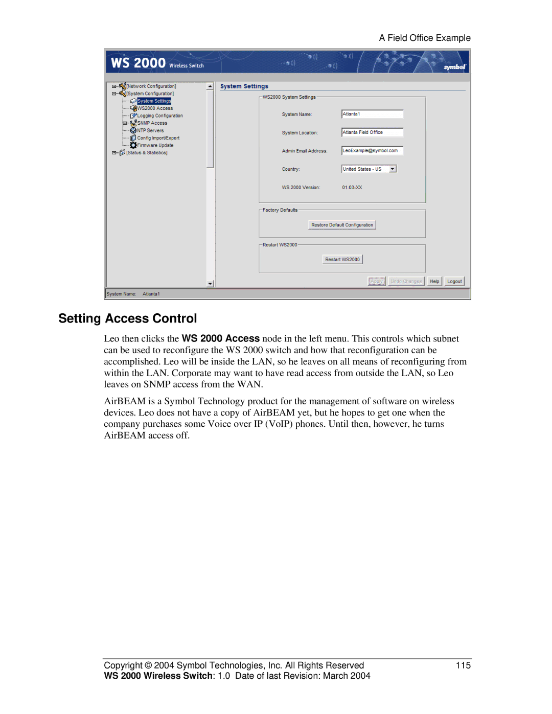 Symbol Technologies WS 2000 manual Setting Access Control 